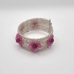Y2K Beaded Pink Floral Open Bracelet